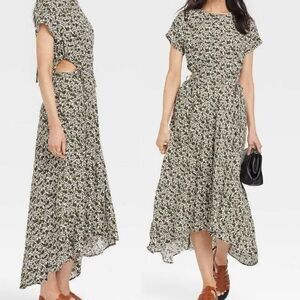 A New Day Short Sleeve green micro floral side Cut Out Dress hi low maxi L